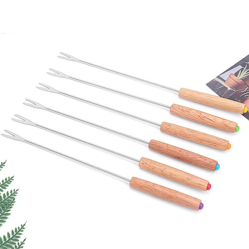 6-Piece Set of Oak Handled Swiss Cheese Hotpot Fork Cheese Chocolate Hotpot Fork