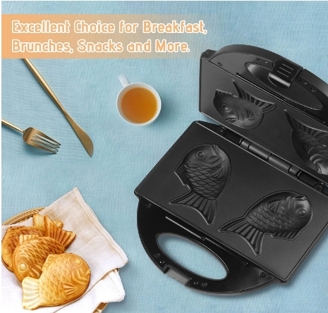 Taiyaki Fish Waffle Maker Machine with Non Stick Cooking Plate, Electric Japanese Fish Shaped Waffle Iron Pan, Korean Bungeoppang Pan, Recipe Included