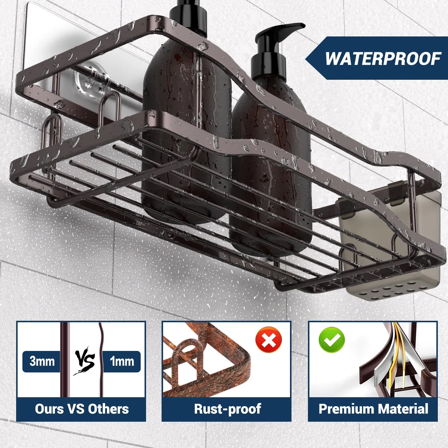 Hot Sale Bathroom Organizer Adhesive Shelves Hooks Stainless Steel Storage Bathtub Rack