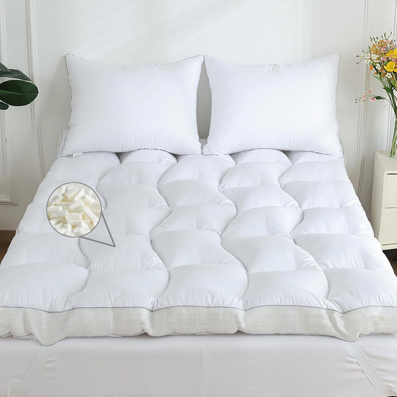 Shredded Memory Foam Mattress Topper Cooling Pressure Relieving Bed Topper with Secure Strap Design for Back Pain