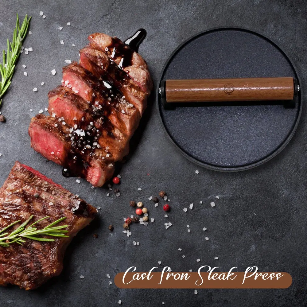 Nonstick Cast Iron Bacon Press Meat Press Burger Press Customized Production Smash Bacon Press Meat Steak with Wood Handle for Griddle, Sandwich