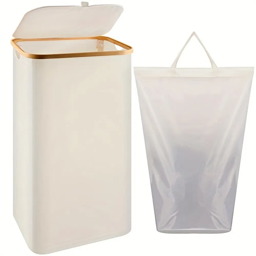 Laundry Basket with Lid 100L Large Bamboo Hamper Beige Bin Storage Bl27560