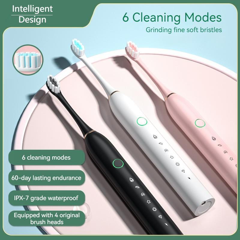 Black Adults - Ultrasonic Brush Heads Smart Timer Rechargeable Electric Toothbrush