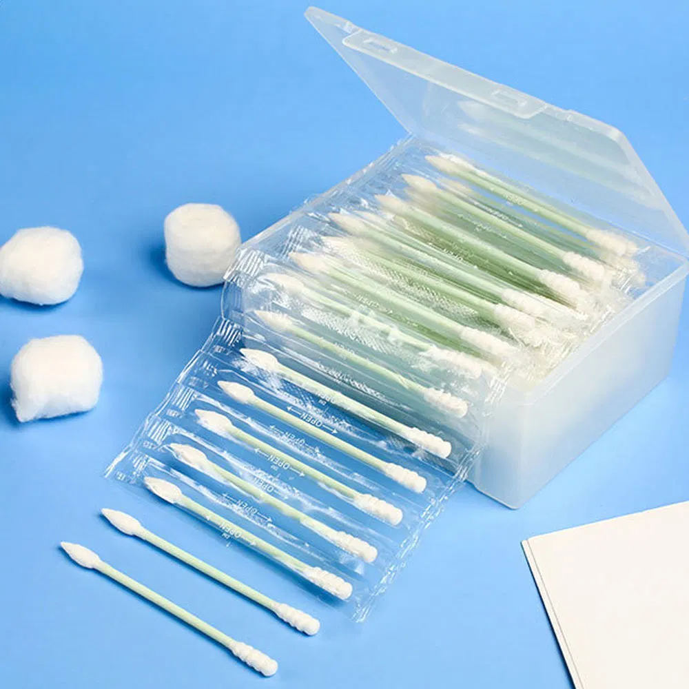 a Double-Clasp Square Box Containing 100 Individually-Packaged Colored- Stick Cotton Swabs.
