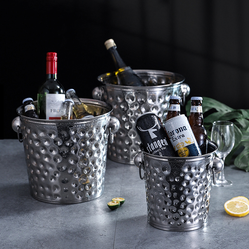Hammered Stainless Steel Ice Bucket Beverages Beers Drinks Cooler