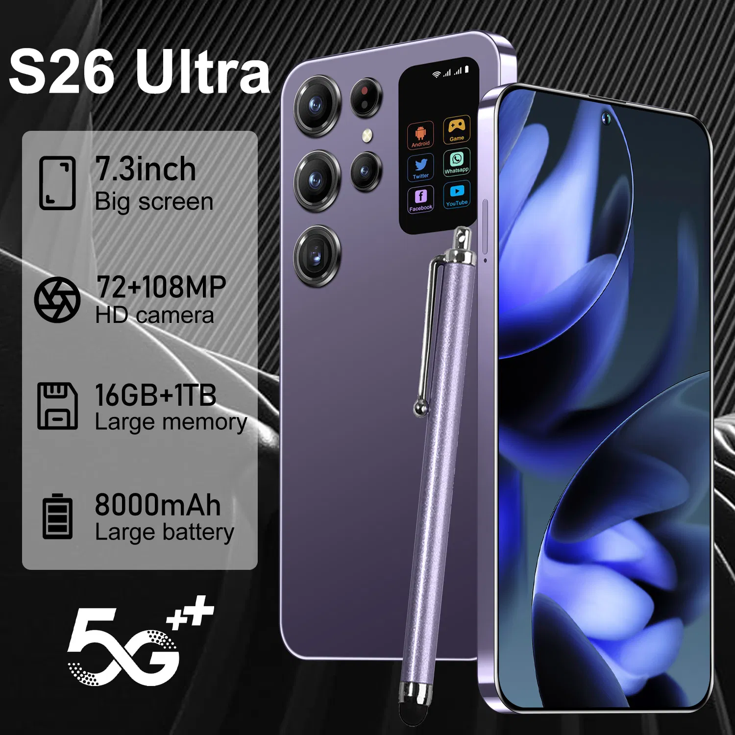 S26 Ultra, 16GB+1tb, 5g, 7.3 Inches, Mtk 6889 Processor, 72MP, 108MP, Android 14 Smartphone, Built-in Stylus, High Performance S