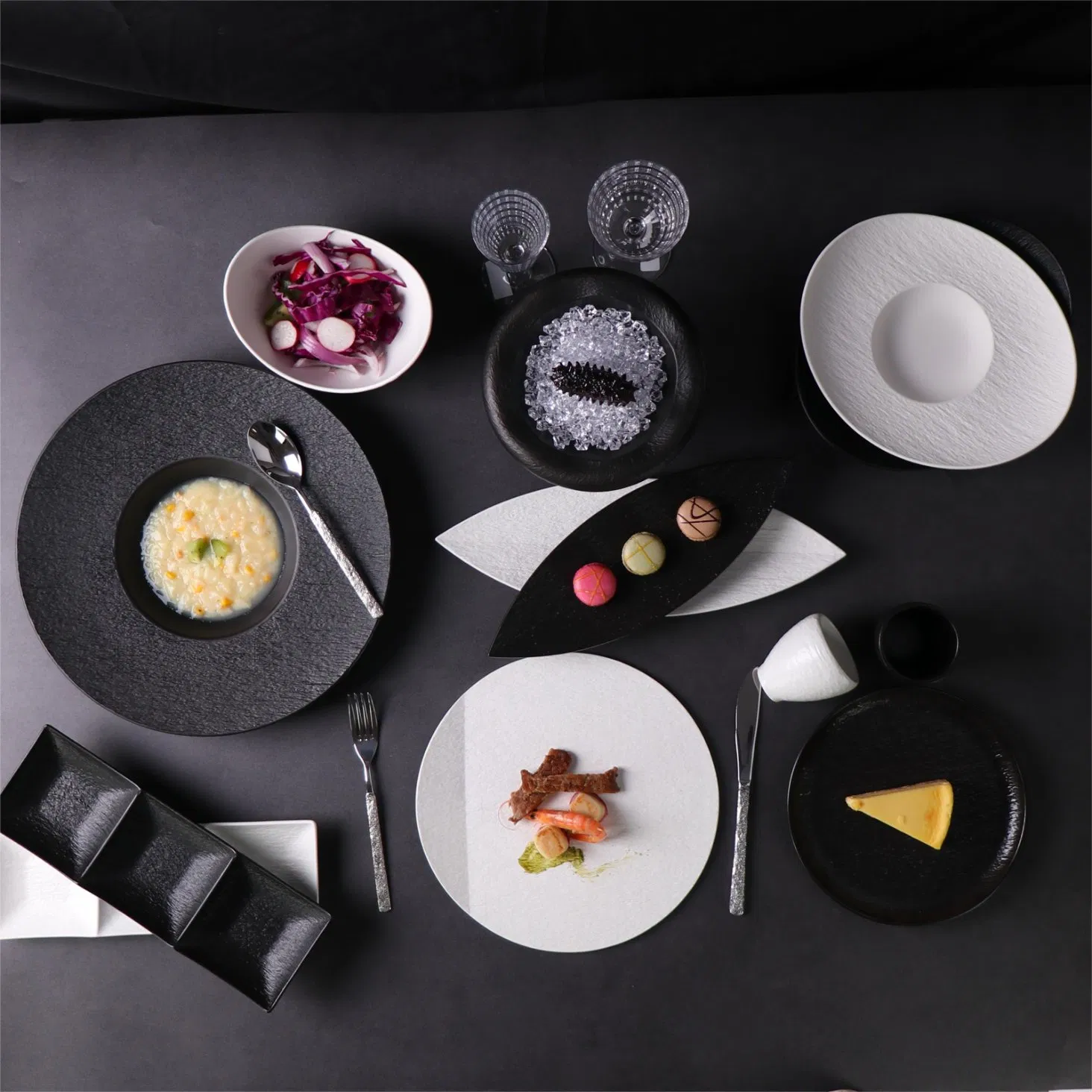 Restaurant Tableware Black White Dinner Set Crockery Stoneware Plates Set