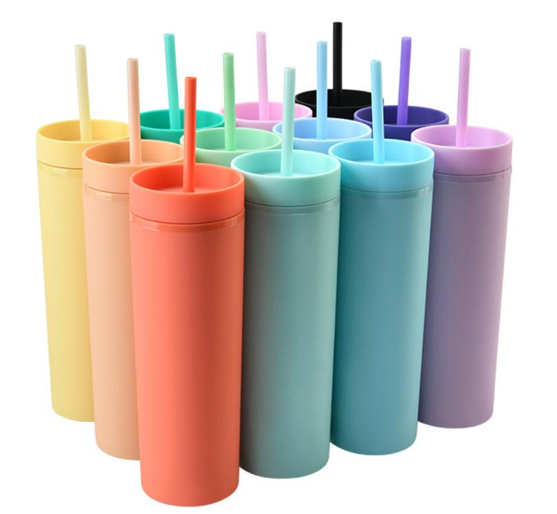 Colorful Double Wall 16oz Skinny Frosted BPA Free Tumbler Straw Plastic Water Bottle