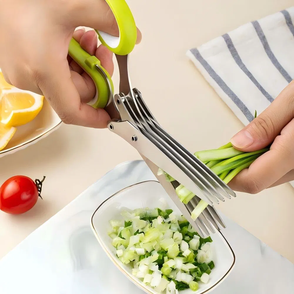 Vegetable Gadget Scissor Herb Scissors with 5 Blades and Cover Cool Kitchen Gadgets Cutting Shredded Lettuce Cilantro Fresh Onion Scissors