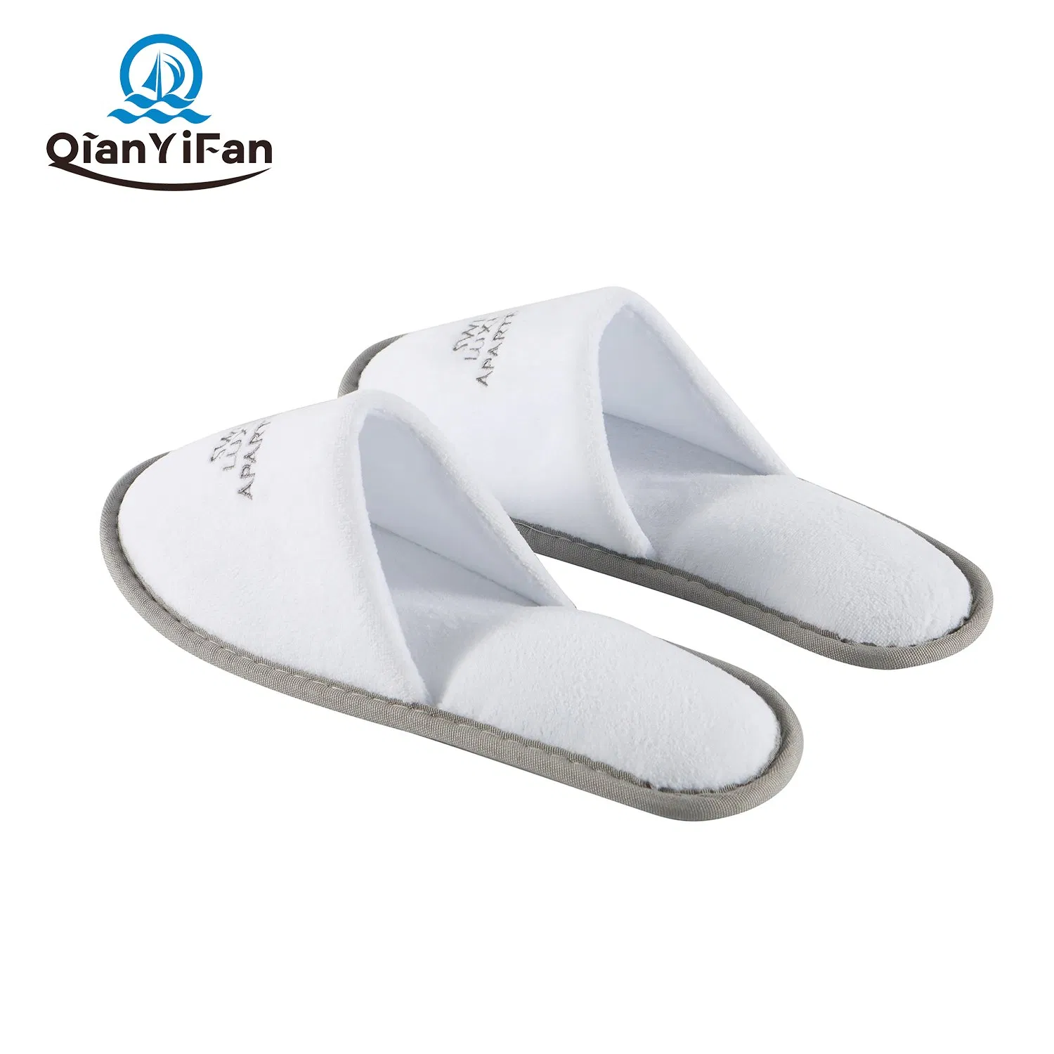 Hotel Airlines 29*11 Cm White Polyester Velour Disposable Slippers 5 mm EVA Sole Embroidery