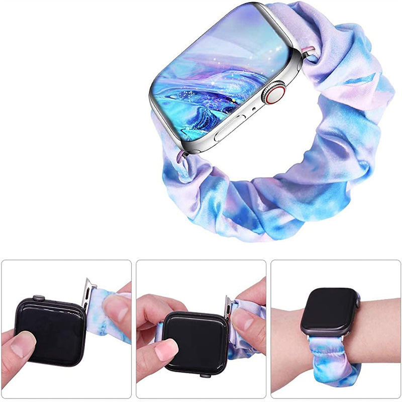 Girls Women Polyester Tie-Dye Rainbow Color Elastic Smart Watch Straps Scrunchie Band
