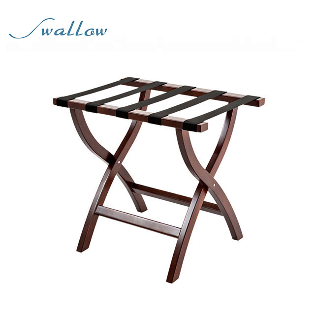 Folding Luggage Rack Made of Wood with Wand and Black Nylon Strap
