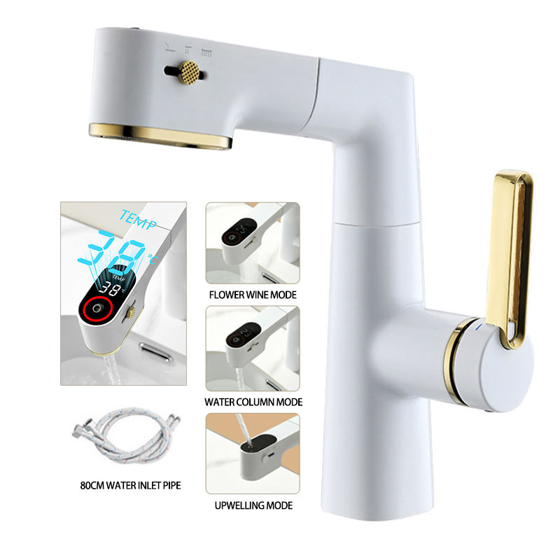 Brass Digital Display Basin Faucet Gun Gray Basin Washbasin Three-Speed Water Withdrawal Universal Hot and Cold Faucet