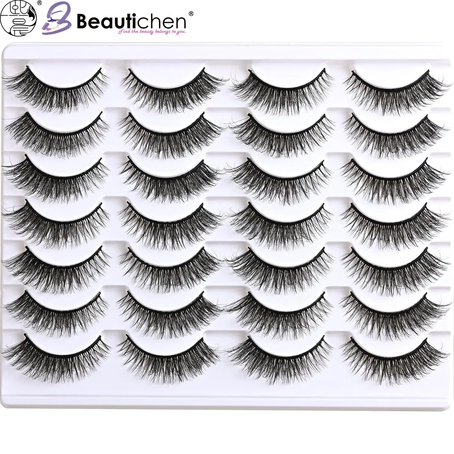 Beautichen 16 Pairs Black Synthetic False Eyelashes – Natural, Dense & Layered Styles in White Display Tray – Lightweight & Comfortable