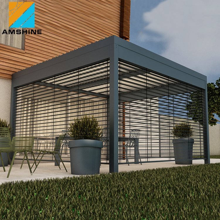 Customized Retractable Louver Roof Garden 10X10FT Pergola Bioclimatic System Motorized Louver Pergola Aluminium Outdoor Gazebos with Glass Sliding Door