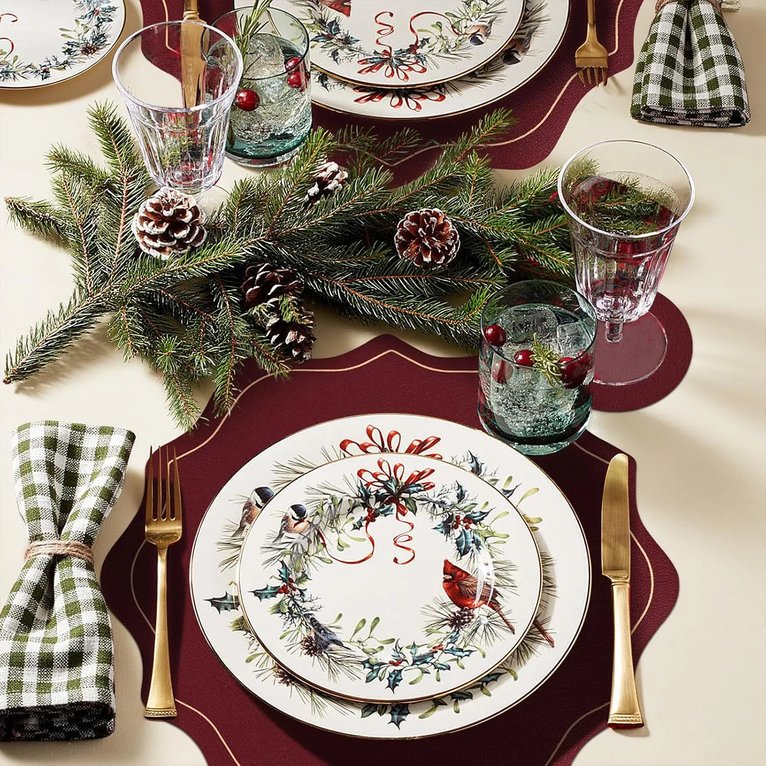 Set of 4 Christmas Round Vinyl Placemats with Coasters 12" Scalloped Antique Red Faux Leather Placemats Waterproof Placemat Wipeable Heat Resistant for 7-10" Pl