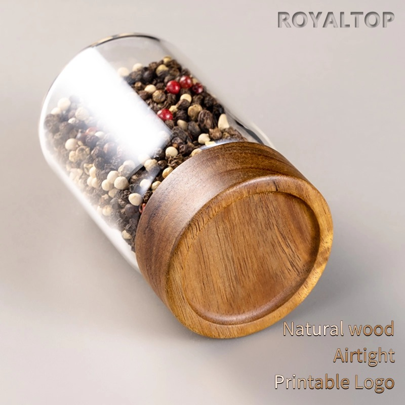 Kitchen Food Canister Container 180ml 500ml 1750ml Airtight Acacia Wood Lid Borosilicate Glass Storage Jars with Custom Logo