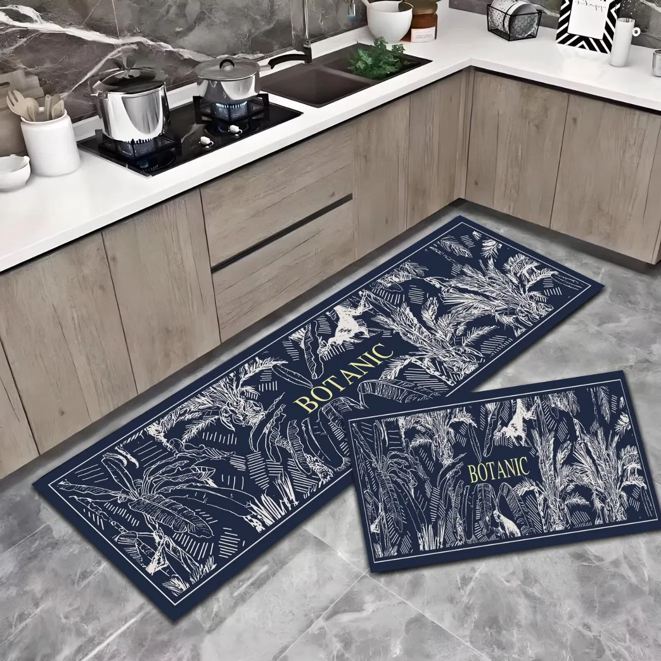 Set of 2 Waterproof Indoor Boho Floral Kitchen Floor Mats PVC and PU Anti-Fatigue Rug Boho Style Foot Mat