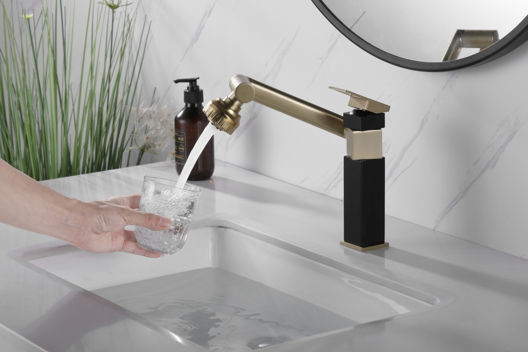 Смеситель для раковины Pinslon, черное золото, 360°