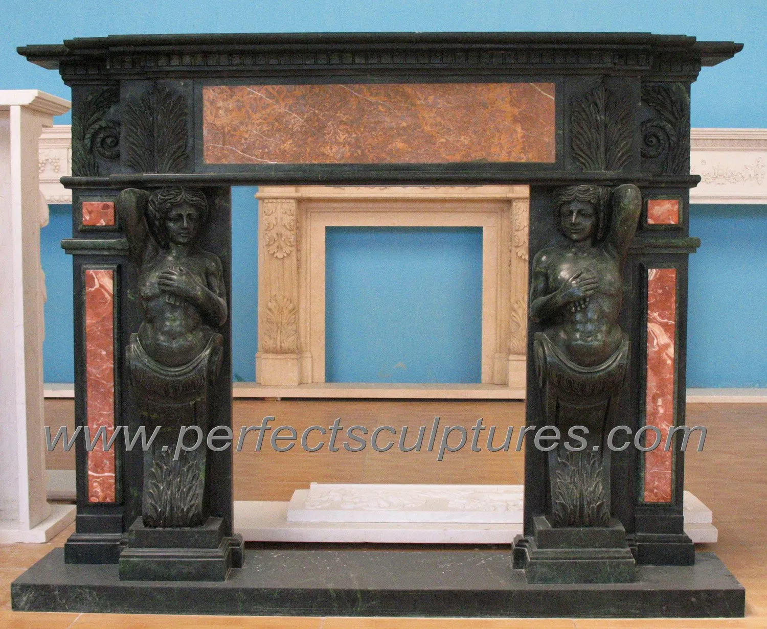 Green Marble Fireplace Surround with Carved Man Figure Statue (QY-LS292)