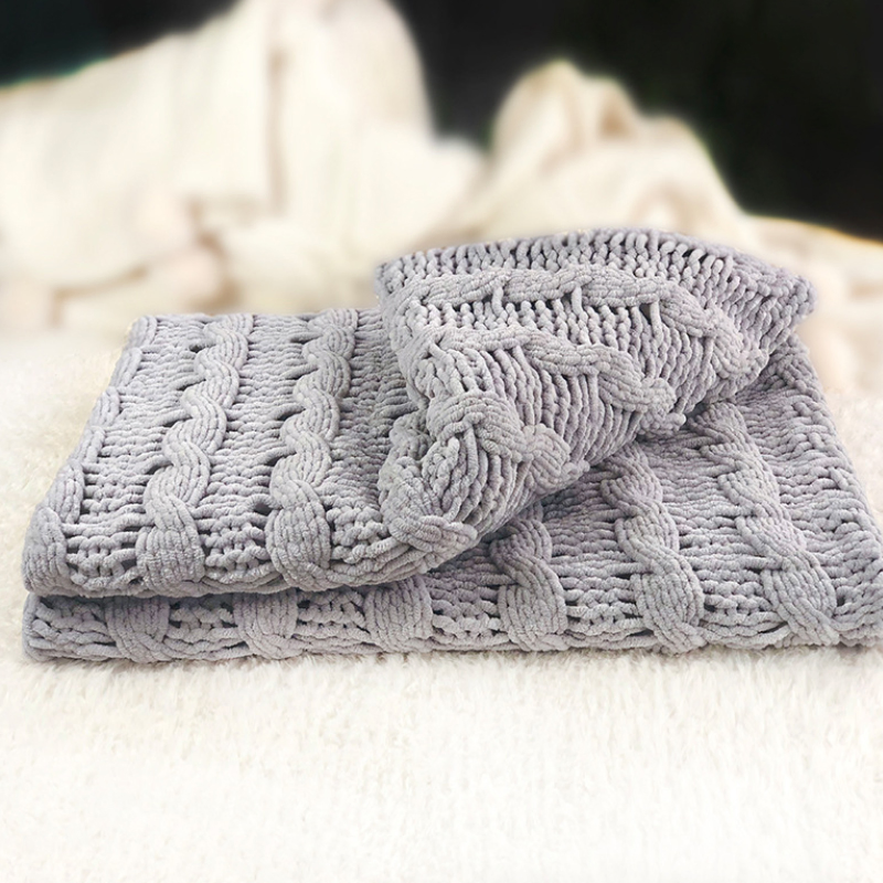 Ultra Soft Gray Woven Acrylic with Polyester Chenille Stripe Throw Blanket with Bag
