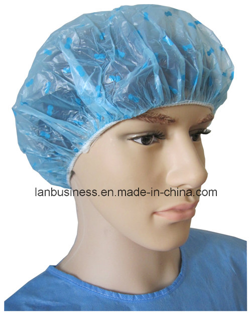 Disposable PE Shower Cap with Cherry Design in Blue