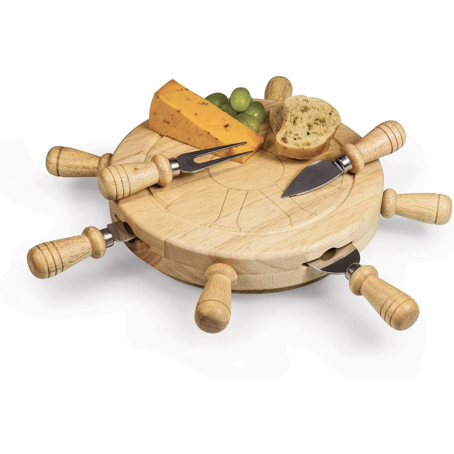 Nautical Ship Wheel Wooden Charcuterie Platter Cheese Board Set with 5 Knives