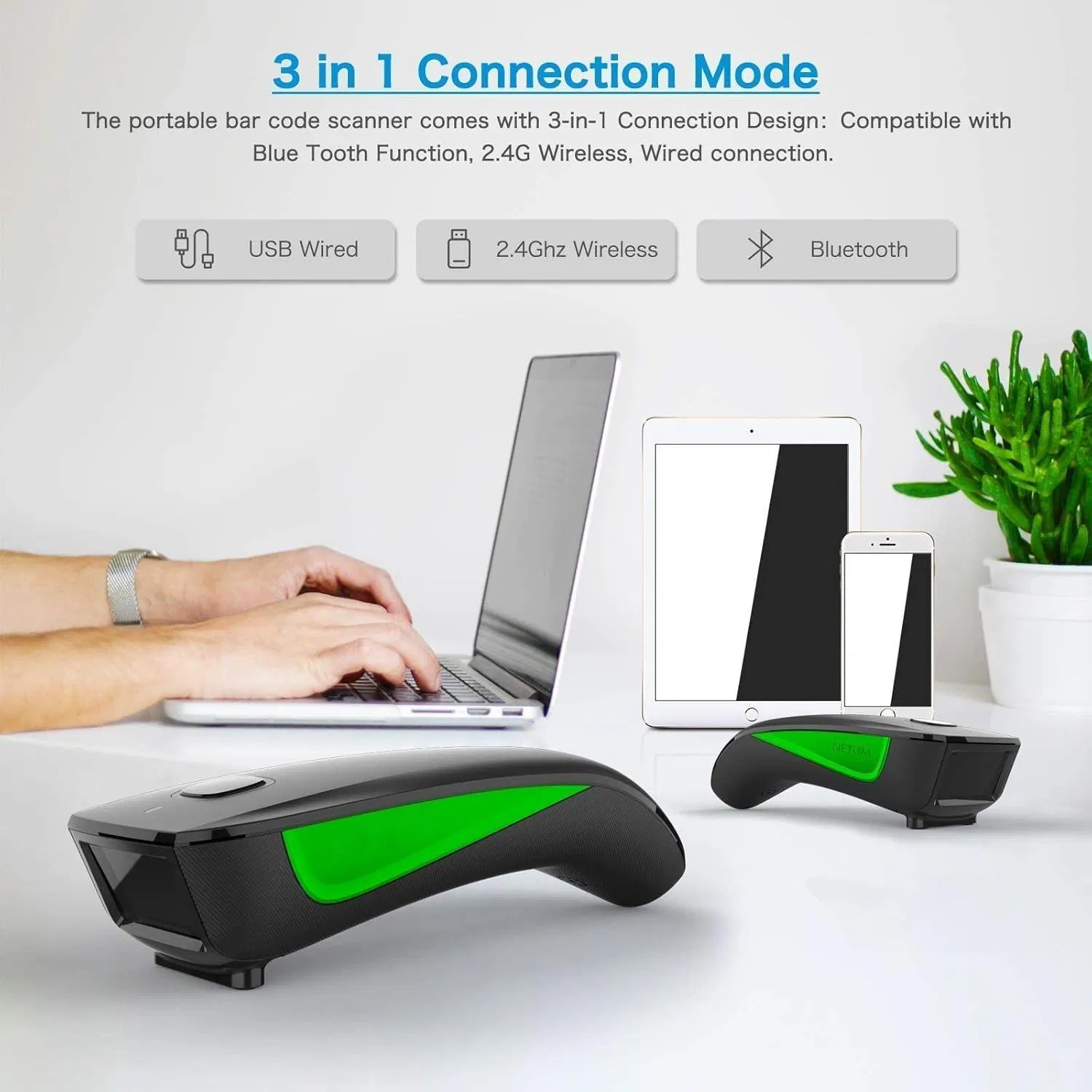 Netum Barcode Scanner Connect Smart Phone, Tablet, PC, CCD Bar Code Reader Work with Windows Mac Android Ios