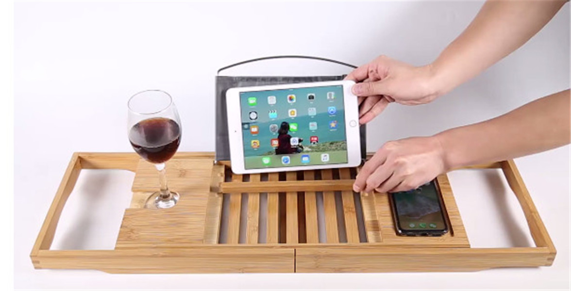 High Quality Extending Sides Bamboo Tray Tablet Holder for Bathroom