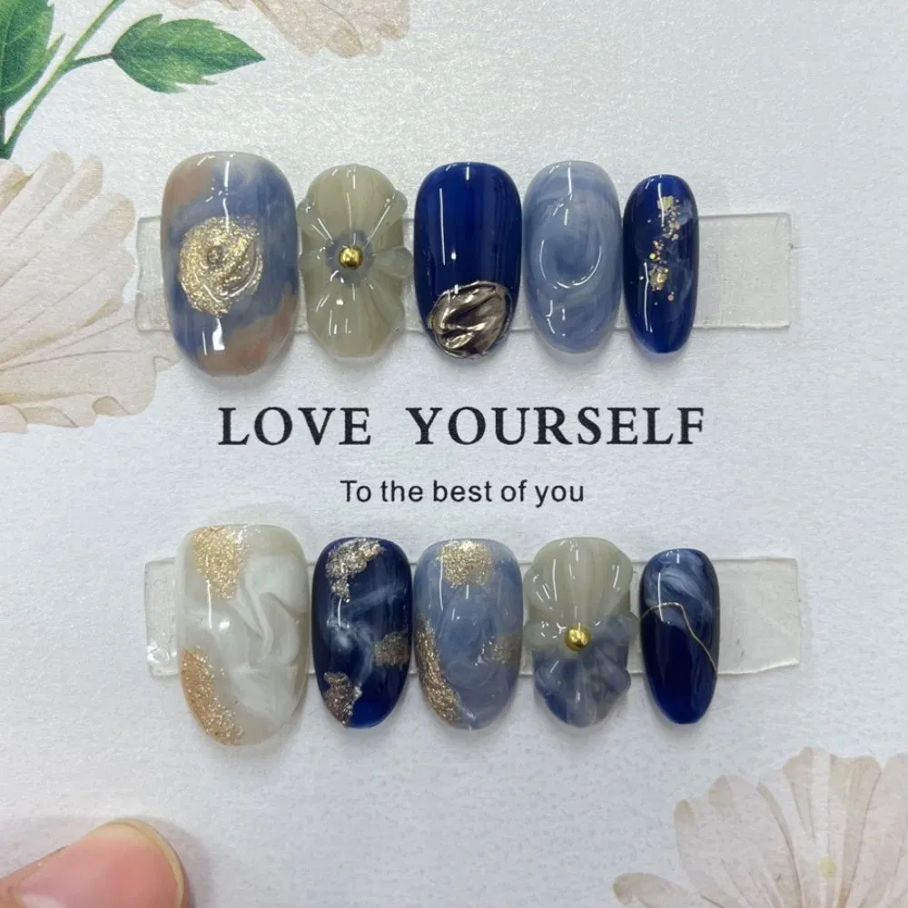 Artisan Hand Painted 3D Floral Cat Eye Press on Nails Set