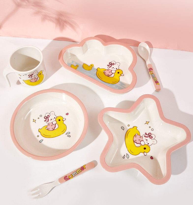 Eco-Friendly Bamboo Fiber 6-Piece Kids Construction Tableware Set