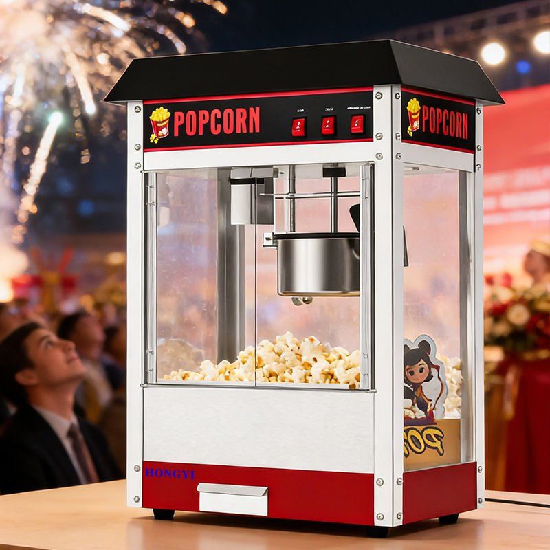 Stainless Steel Black Countertop Commercial Popcorn Machine, Suitable for Movie Theaters.
