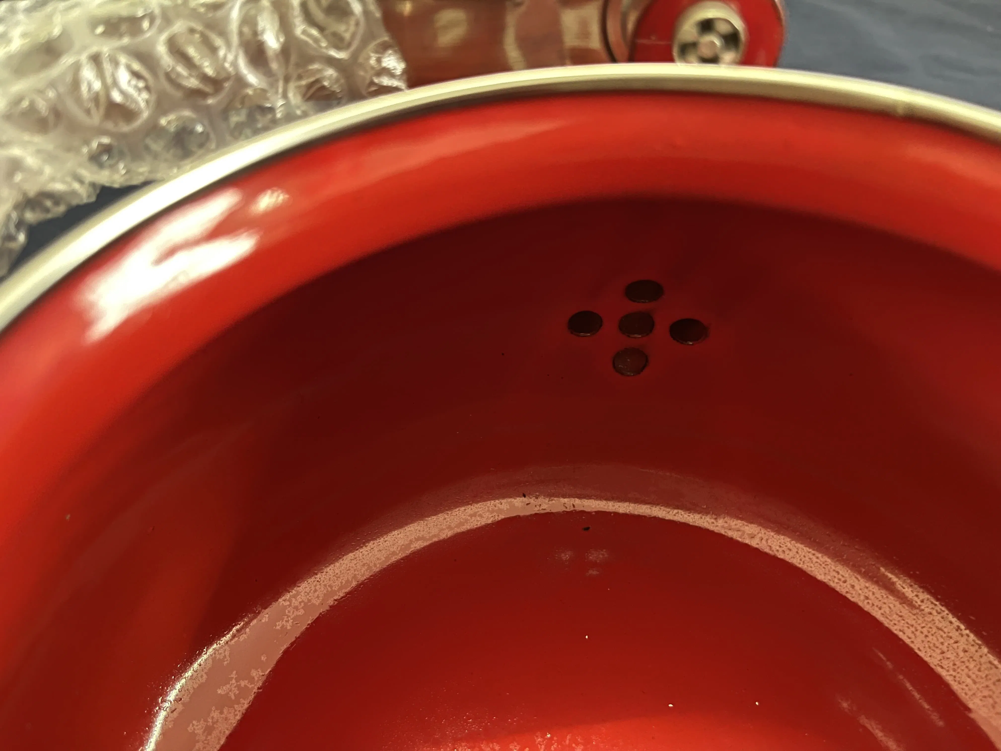 Red Enamel Kettle with White Spots Stainless Steel Handle Round Teapot