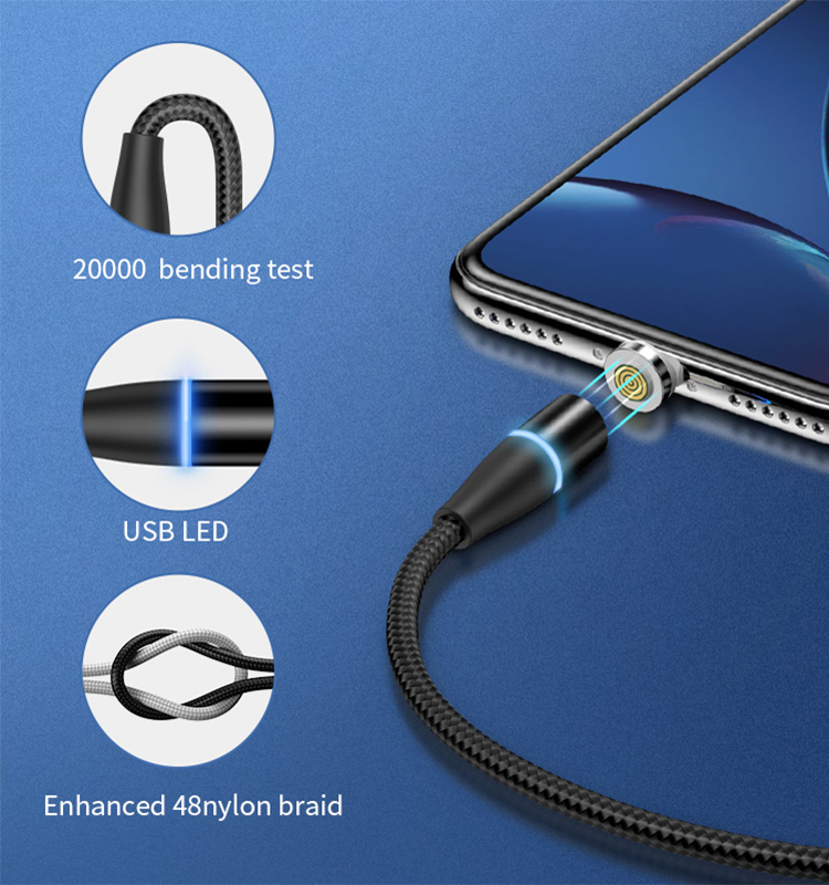 High end 3A 5V 360 degree fast USB charging and data 3 ports micro 8pin type C magnetic USB charger cable with LED for mobile phone charging