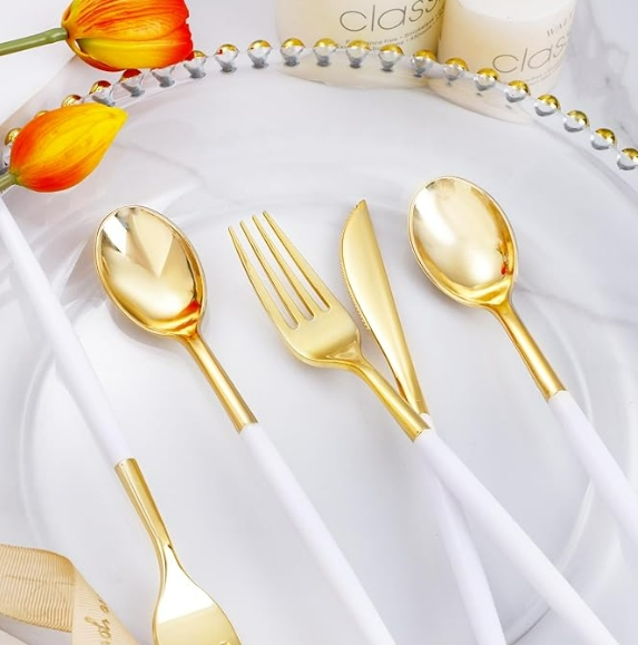 Heavy Duty White and Gold Plastic Silverware