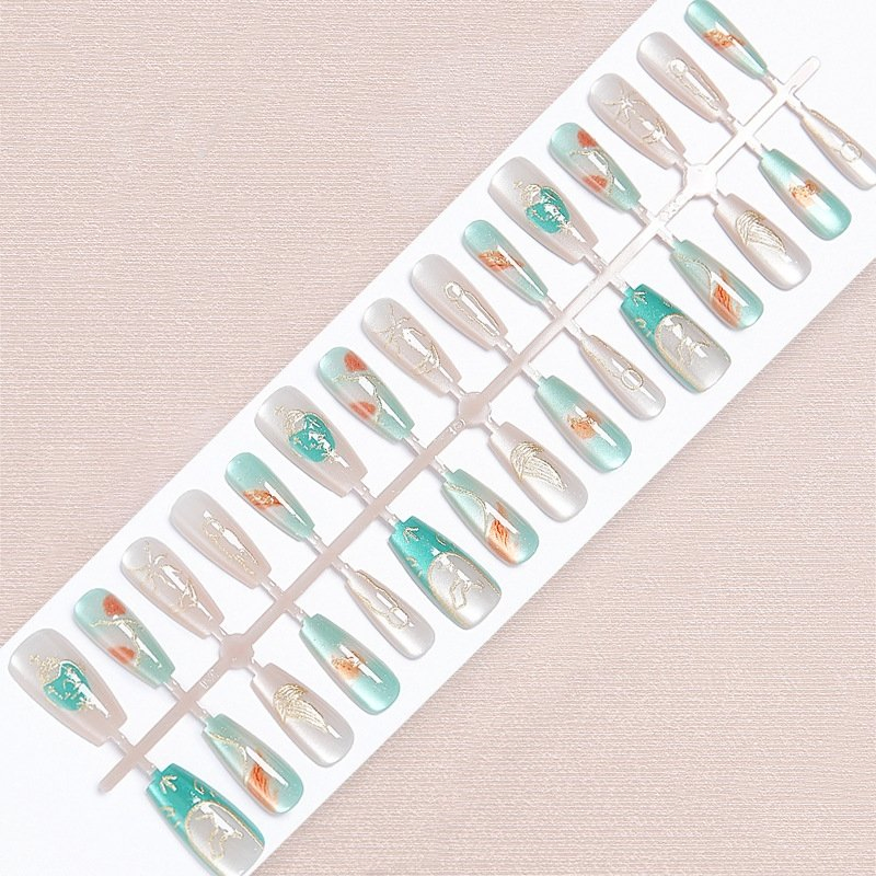 30PCS Libra Themed False Nails Long Coffin Shape Turquoise Gold ABS