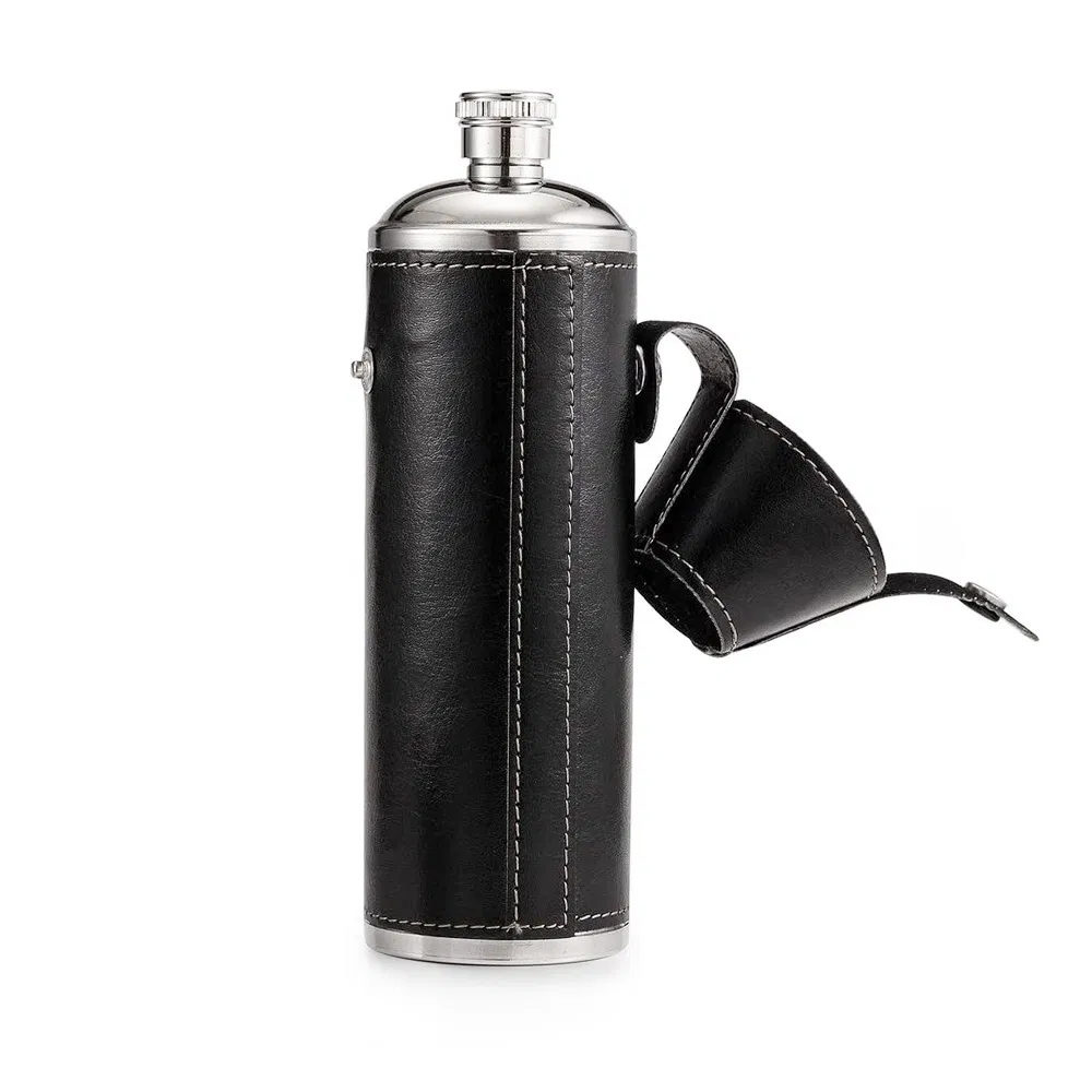 Stainless Steel Cylinder 6oz 8oz 10oz Outdoor Flask Hip Flask Leather Wrapped Cylindrical Hip Flask with Cup