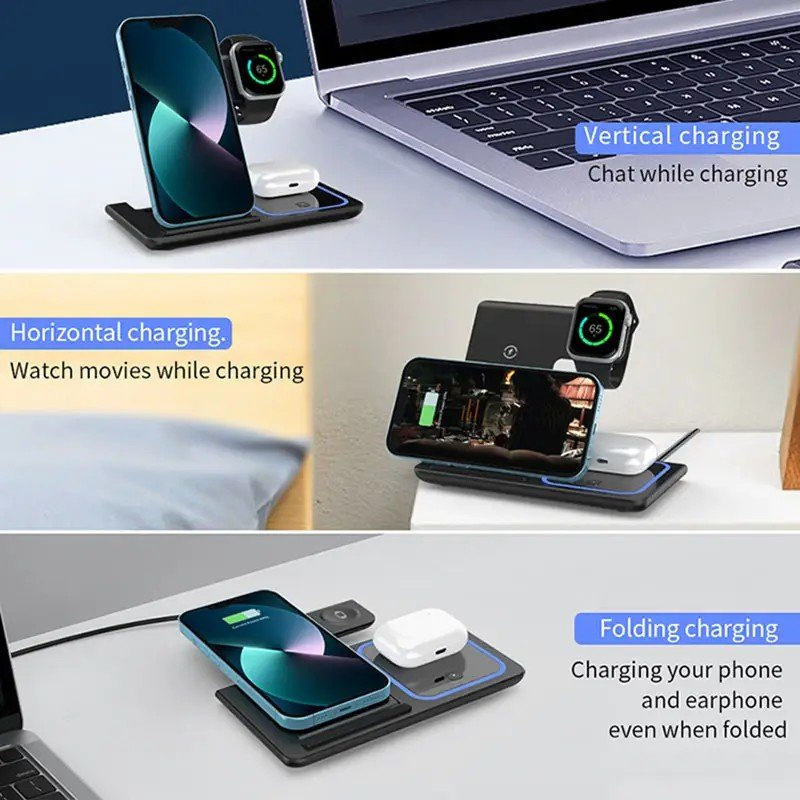 High-End 15W Wireless Charger Deskstop 3-in-1 Phone Stand Charger
