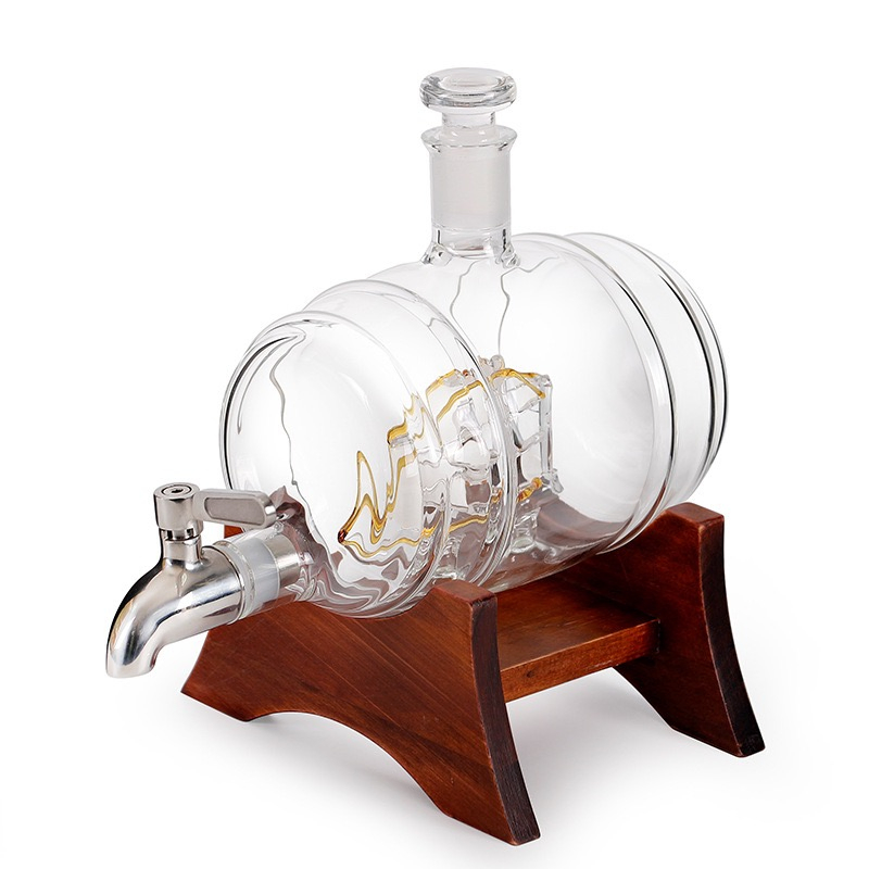 Decorative Glass Barrel Whiskey Decanter with Ship and Spigot for Liquor Wine Whiskey Brandy Dispenser