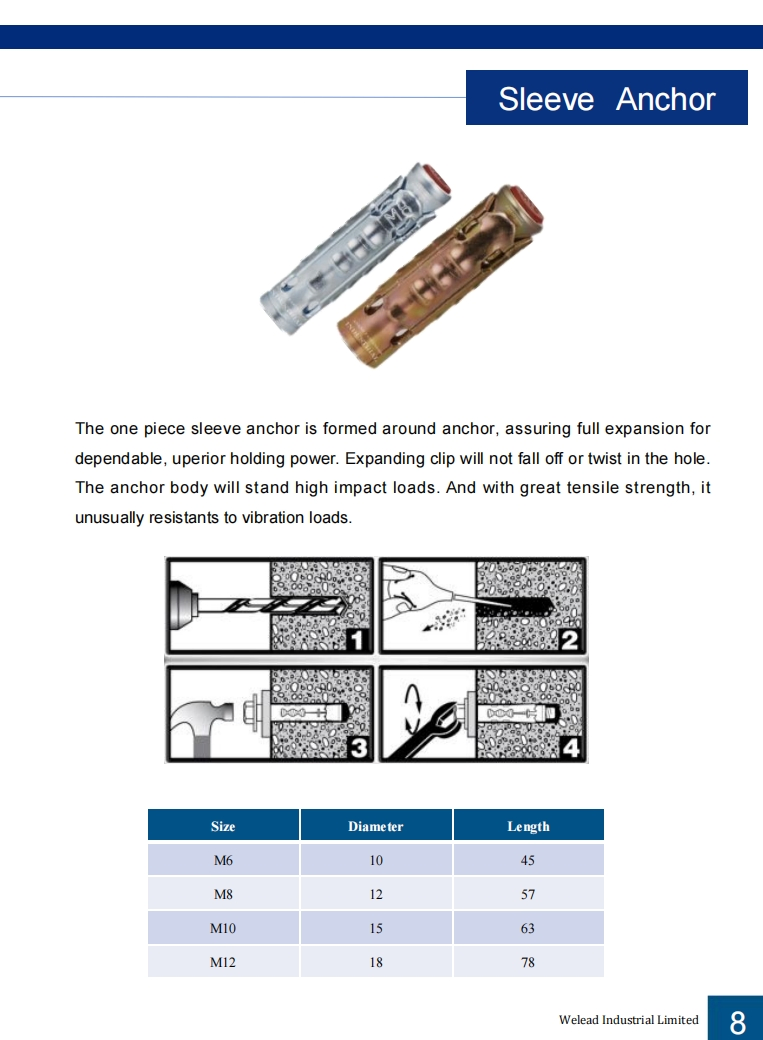 Made in China M8 Concrete Sleeve Anchor Bolt Zinc Plated Heavy Duty Fixing Tam Anchor Fastener as Expansion Anchor