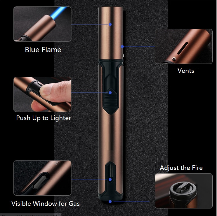 Custom Logo Wholesale Jofi Single Flame Jet Lighter Fire Lock Visible Gas Tank Slim Pen Shape Cigarette Cigar Lighters