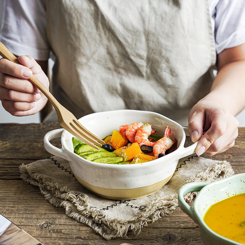 Ceramic Soup Bowl Double Ear Microwaveable Salad Pasta Noodle Bowl Household Tableware