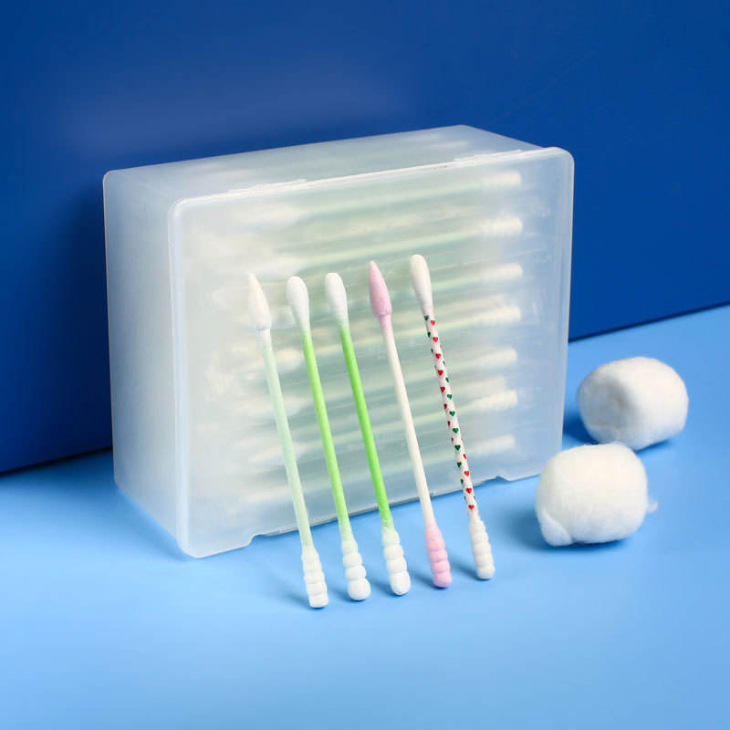 a Double-Clasp Square Box Containing 100 Individually-Packaged Colored- Stick Cotton Swabs.