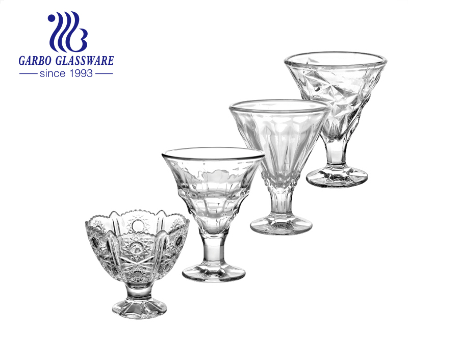 Glass Ice Cream Bowl with Stand Engraved Glass Goblet for Martini Ice Cold Drink Best in Summer 215 Ml Glass Dessert Cup with Stand in Stock