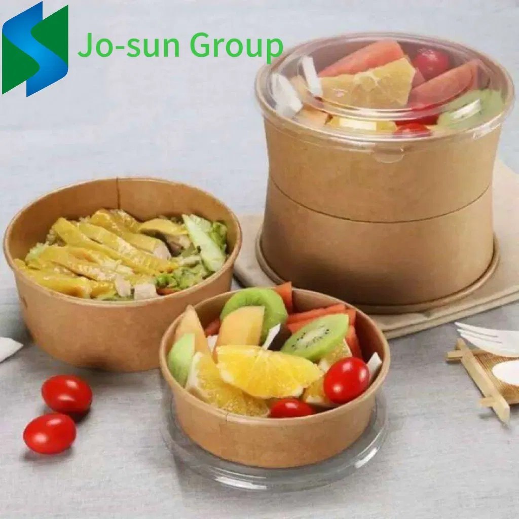 Jo-Sun Wholesale Disposable Round Paper Cup Heatable Kraft Waterproof Custom Print Logo Paper Salad Bowl with PE Lid