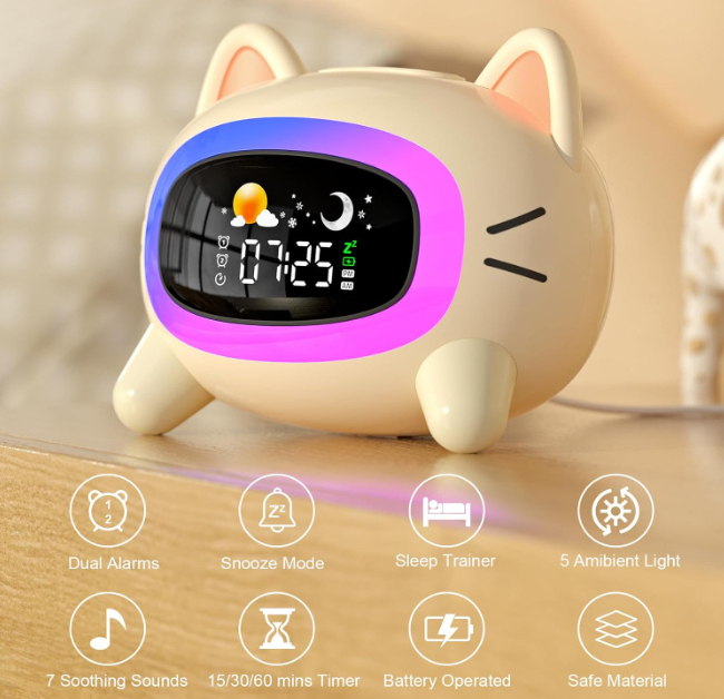 Kids Alarm Clock Cat Wake Alarm Clock for Kids, Toddlers Night Light Clock for Bedroom with Sleep Training and Sound Machineadio