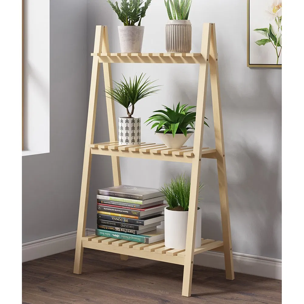 Pastoral Solid Wood Three-Layer Folding White Flower Stand