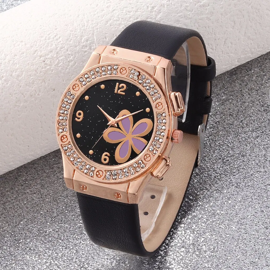 Trendy Floral Starry Sky Leather Women's Watch and Jewelry Set