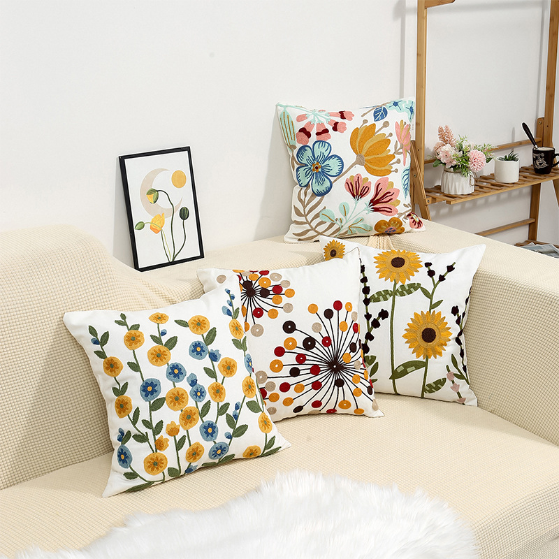 18X18 100% Cotton Embroidery Floral Couch Pillow Cover Cushion Cover Custom