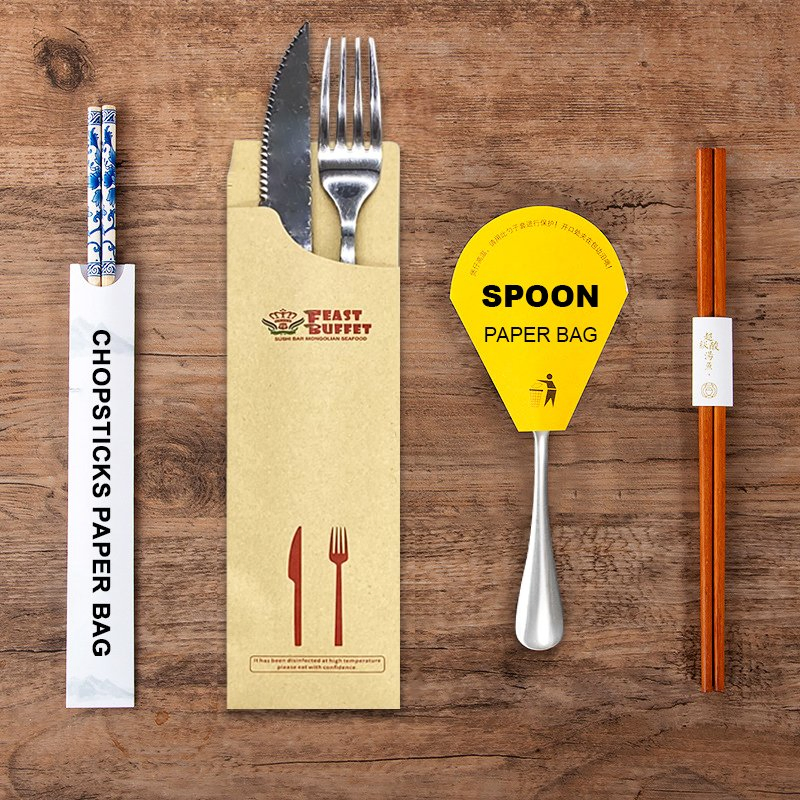 Custom Logo Spoon Cutlery Paper Bag Sleeve Cover Disposable Restaurant Hotel Knife Fork Flatware Silverware Paper Pouch Pocket